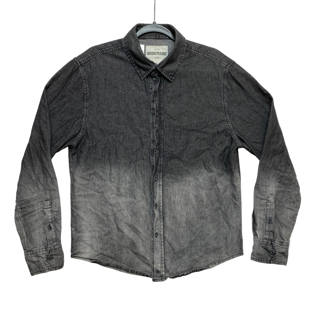Ditch Plains Shirt Mens M Black Gray Ombre Long Sleeve Dip-Dye Button-Down